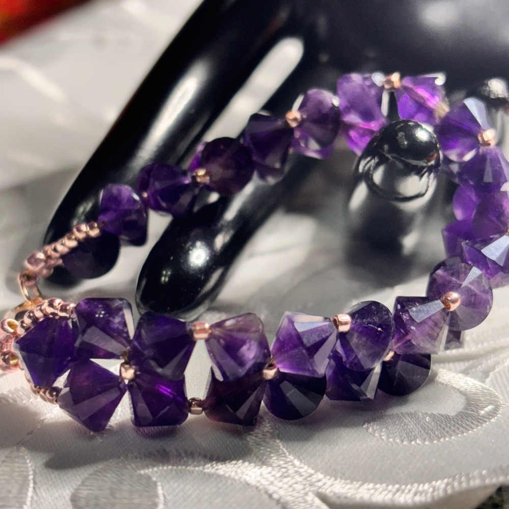 Handmade Amethyst Gemstone Bracelet rose gold tone lobster claw clasp 7.5 inches - Picture 5 of 9